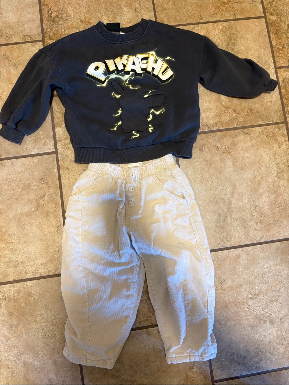Zara boys 3 year set, pikachu sweatshirt & lined corduroy khaki pants